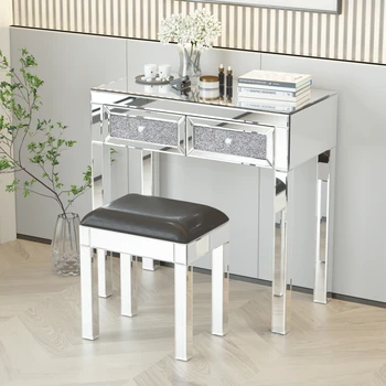 Зеркальный туалетный столик для макияжа с мягким табуретом, серебряный туалетный столик с 2 ящиками, письменный стол для домашнего офиса