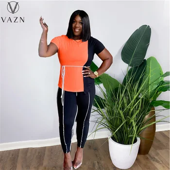VAZN 2021 Высококачественный элегантный комбинезон в стиле пэчворк для зрелых, топ с коротким рукавом, Длинные брюки, женские узкие, с высокой талией, женский комплект из 2 предметов