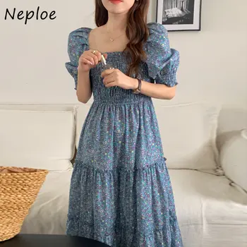 Французское винтажное платье Neploe с квадратным вырезом и открытыми плечами, галстук на талии, Тонкое Женское платье в пасторальном стиле с пышными рукавами