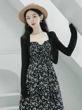 2023 новая модная повседневная женская одежда Черное платье с разрезом в цветочек, юбка-комбинация, кардиган из ледяного шелка