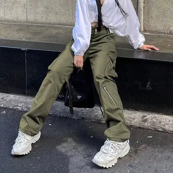 Y2K Женские брюки-карго, летняя уличная одежда в стиле хип-хоп с высокой талией, широкие брюки для женщин, зеленые, черные женские мешковатые брюки, новинка Q602
