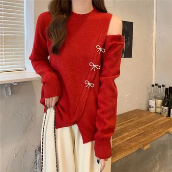 2023 Новый осенне-зимний свободный вязаный топ Ouya красного цвета с длинным рукавом, женский нежный модный базовый свитер с бантом