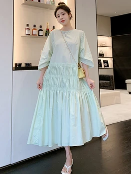 Женская одежда 2023, летнее новое Корейское модное однотонное платье с коротким рукавом, свободные и тонкие плиссированные длинные платья, уличная одежда
