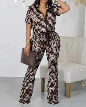 Модная рубашка с коротким рукавом, комплект брюк, офисные женские повседневные брюки с принтом с высоким воротником и дырочками, комплект из двух предметов, женская одежда 2023 года
