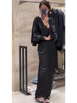 Сильная аура, уникальная женская одежда, элитная легкая роскошь, нишевое французское платье из черного атласа с уксусной кислотой, весна