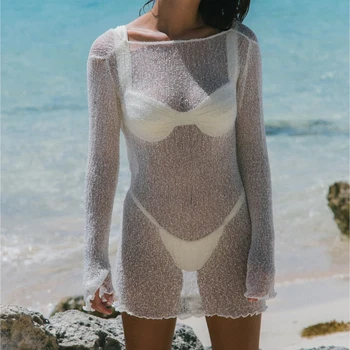Белое трикотажное пляжное платье, женское сексуальное прозрачное бикини, платье-накидка, летние Тонкие мини-платья с открытой спиной, праздничная пляжная одежда