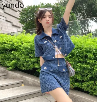 Летние комплекты джинсовых платьев Iyundo из двух предметов, новые винтажные наряды, куртка с коротким рукавом и мини-юбка трапециевидной формы, Корейская шикарная женская одежда
