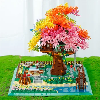 2023 Городское творчество Радужный Домик на вишневом дереве, украшение дома, вид на улицу, мини-строительные блоки, кирпичи, игрушки для детей, подарки