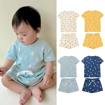 комплект новой вафельной футболки с коротким рукавом для девочек от 0 до 3 лет, 2023 г., новые летние детские шорты с коротким рукавом, простой набор