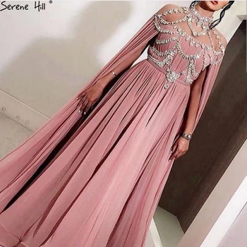 Дубайские розовые шифоновые вечерние платья с высоким воротником, пляжные вечерние платья без рукавов с бриллиантами 2023 Serene Hill LA60736
