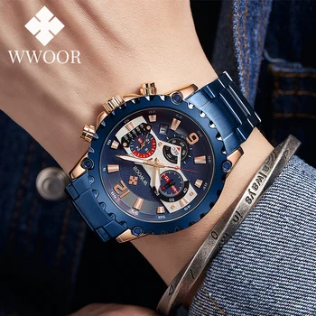 Модные мужские синие часы WWOOR, роскошные кварцевые наручные часы, хронограф, водонепроницаемые спортивные часы для мужчин, часы Relogio Masculino