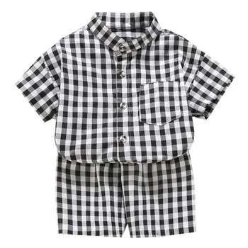 Дети Малыши и мальчики Весна Лето клетчатая хлопчатобумажная рубашка с коротким рукавом Шорты наряды одежда