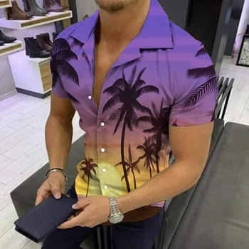 Летняя мужская коллекция Sunset Beach 2023, Гавайская рубашка с 3D цифровым принтом, воротник-поло с коротким рукавом, повседневная мода