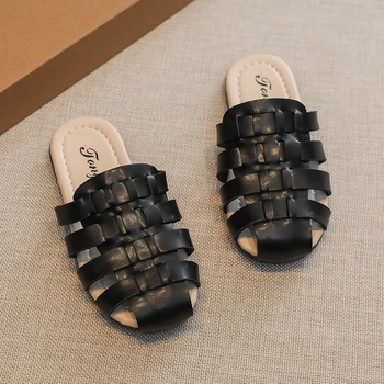 Летние тапочки для девочек, детские бежево-черные ползунки с искусственным покрытием, мягкие детские пляжные сандалии для отдыха на открытом воздухе 26-36 лет