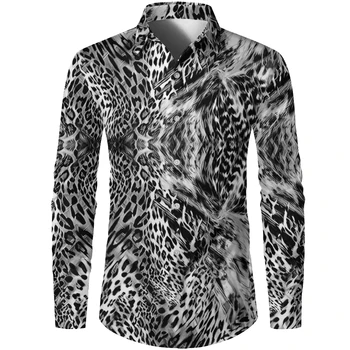 Весенне-летняя мужская гавайская рубашка с 3D черным леопардовым рисунком, дышащий Классический дизайн на пуговицах с лацканами, повседневный кардиган с длинным рукавом