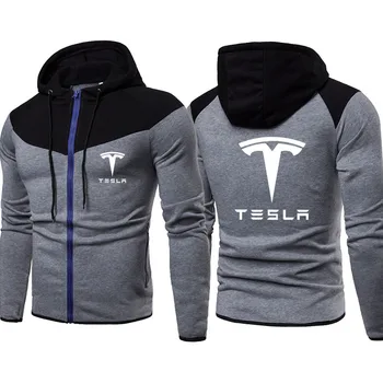 Модная повседневная мужская куртка с капюшоном, логотип автомобиля Tesla, Цветная строчка, мужская куртка на молнии, Флисовая хлопчатобумажная одежда, мужские топы