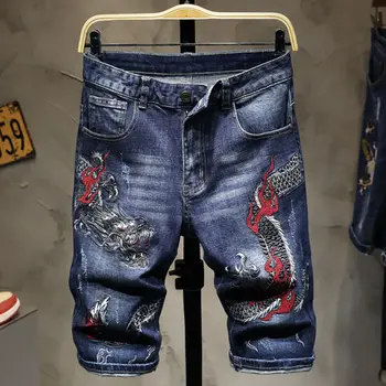 Летние новые мужские шорты, рваные джинсы, пятиточечные брюки с вышивкой, повседневные брюки, джинсовые шорты синего цвета, короткие