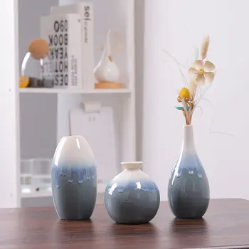 Украшение синей керамической вазы Декоративные бытовые вазы Цветочная композиция Набор из трех частей
