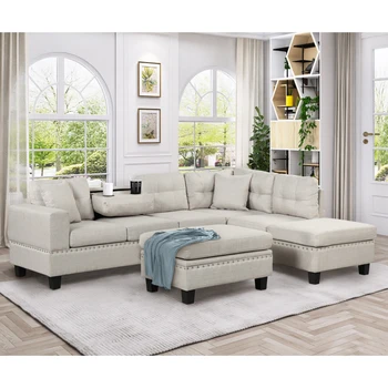 Современный секционный диван 106,5 дюйма с Пуфиком для хранения Вещей, L-образный диван с 2 Подушками и Подстаканником, Секционный диван