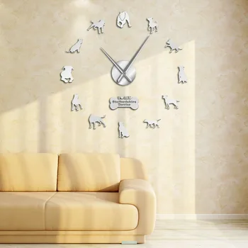 Американская Порода Собак Декоративные 3D DIY Настенные Часы Американский Стаффордширский Терьер Модные Домашние Часы С Зеркальными Цифрами Наклейки