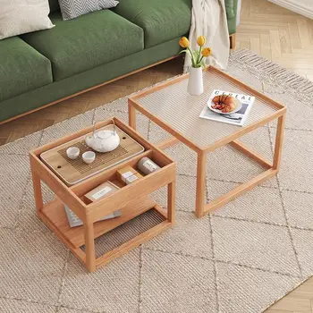 Приставной столик из массива дерева в скандинавском стиле, квадратный журнальный столик из радужного стекла, простой небольшой бытовой чайный столик, кровать, центральный столик в гостиной