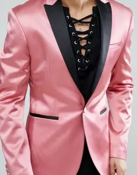 Ярко-розовый повседневный модный мужской пиджак West fit body fit черный + цветные брюки, 2 предмета, свадебный костюм жениха для выпускного вечера Homme (куртка + брюки