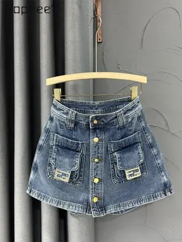 Ретро-однобортная короткая джинсовая юбка с высокой талией, Летняя новинка 2023, женская уличная одежда, Тонкие джинсовые брюки-кюлоты, брючные юбки трапециевидной формы