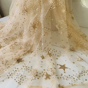Ткань с пятиконечной звездой цвета шампанского, Золотое блестящее платье с блестками, скатерть для горячего тиснения, Свадебная дизайнерская ткань, блестящая, 1 метр