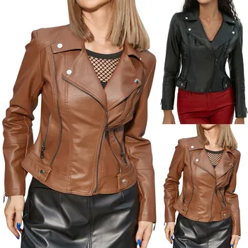 2023 Модные Коричневые Кожаные куртки для женщин, мотоциклетная куртка, Черная Мотоциклетная куртка, женское платье Faue, Короткое пальто, Зимние пальто