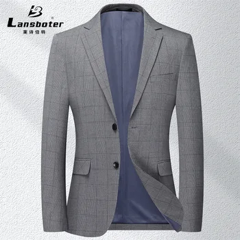 Серый весенне-осенний тонкий мужской костюм Lansboter, облегающий костюм средней и молодежной длины в клетку, повседневное короткое пальто