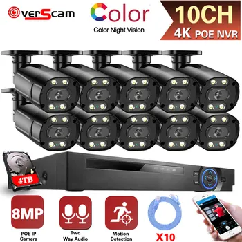 10-канальная POE камера видеонаблюдения Комплект системы безопасности 4K NVR Комплект полноцветной IP-камеры ночного видения Комплект системы видеонаблюдения 8MP