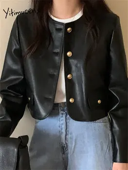 Черные куртки Yitimuceng для женщин 2023, новая модная винтажная однобортная кожаная куртка, женская уличная одежда, короткие куртки с круглым вырезом.