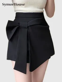 Летние Черные шорты 2023, юбки, женские шорты с завышенной талией в корейском стиле, простые банты, шорты для девочек Faldas Mujer Moda