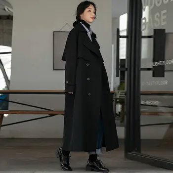 Отложной воротник, Двубортный тренч, женская зимняя одежда, Женская с поясом, повседневная Тонкая Ветровка в корейском стиле, H132