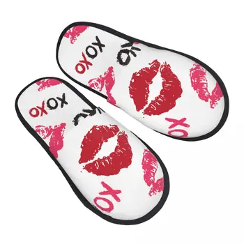 Зимние Теплые женские плюшевые домашние тапочки на плоской подошве с глянцевым блеском XOXO Kiss Lips Imprint Mouth Rouge Красные губы Пушистая домашняя нескользящая обувь