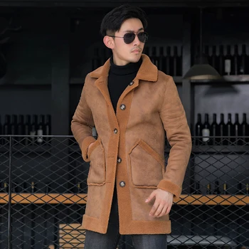 Новая мужская замшевая куртка большого размера, зимняя теплая верхняя одежда из искусственного меха ягненка, пальто с двумя боковыми накладками, прямая доставка