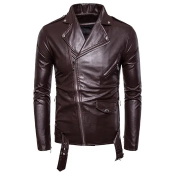 Новая мужская мотоциклетная кожаная куртка с диагональной застежкой-молнией и узким воротником-стойкой для мужчин