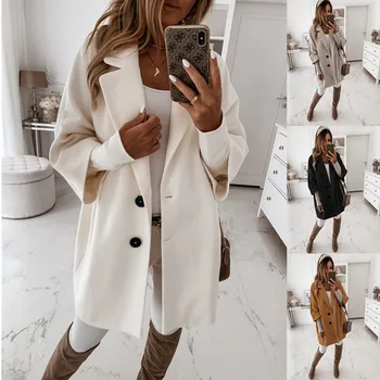 2023 Новое осенне-зимнее шерстяное пальто с разрезным рукавом и карманом на лацкане на пуговицах для женщин