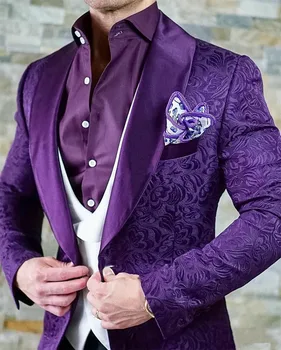Элегантные мужские костюмы 2023 Итальянского дизайна, изготовленный на заказ фиолетовый жаккардовый смокинг для курения, свадебные костюмы жениха из 3 предметов для мужчин