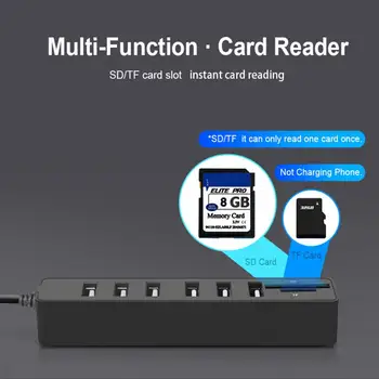 USB-Концентратор с Длинным Кабелем 6 Портов Большого Расширения Plug And Play С Возможностью Горячей Замены Для Передачи Данных ABS Card Reader SD / TF Data Hub для Lapto
