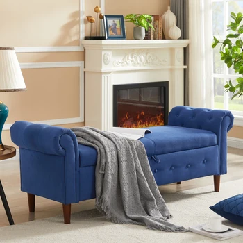 Скамейка-пуфик для хранения, бархатный прямоугольный Многофункциональный прямоугольный диван-табурет, скамейка для хранения в спальне, гостиной, синий