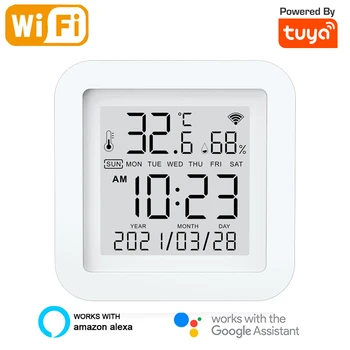 Датчик температуры и влажности Tuya Smart WIFI Цифровой термометр Гигрометр Время Дата Детектор ЖКэкрана Настольные часы Smart Home