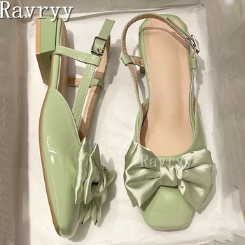 Атласные зеленые босоножки с бабочками и узелками с квадратным носком на низком каблуке для девочек в сказочном стиле, летний новый дизайн, свежие босоножки под платье