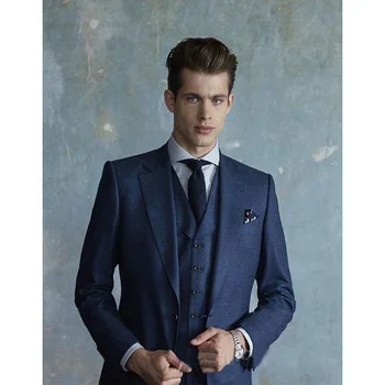 Темно-синие мужские костюмы для жениха в британском стиле, платье с вырезами на лацканах, комплект из 3 предметов, мужской костюм (куртка + брюки + жилет + галстук)