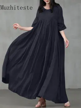 Новинка лета 2023, женское платье с повседневным темпераментом, Хлопчатобумажный льняной пуловер с круглым вырезом, однотонное платье с большими размахами, удобное