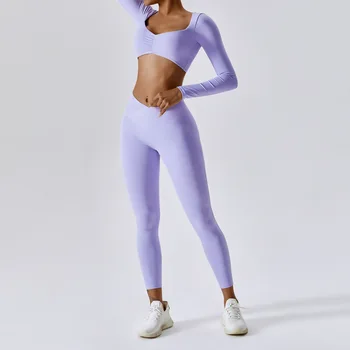 Быстросохнущая спортивная одежда, женский укороченный топ с длинным рукавом, леггинсы с высокой талией для фитнеса, леггинсы для йоги, комплекты из двух предметов, спортивные костюмы для тренировок и бега
