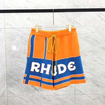 2023 Новые жаккардовые шорты из абрикосово-оранжевого трикотажа Rhude в стиле пэчворк, настоящие бирки, желтые бриджи с завязками, технологичная одежда