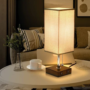 Nordic Home С тканевым льняным абажуром 2USB, художественная настольная лампа для спальни, гостиной, Кнопочный выключатель, декор стола, Железная подставка, ночник