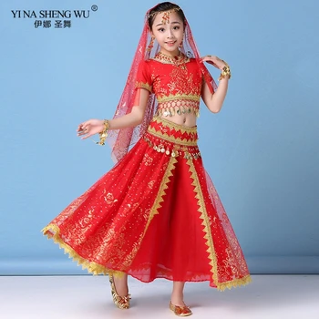 Новый стиль, детский танец живота, комплект индийских танцевальных костюмов, Сари, детская одежда из Болливуда, шифоновые комплекты одежды для выступлений в стиле танца живота.