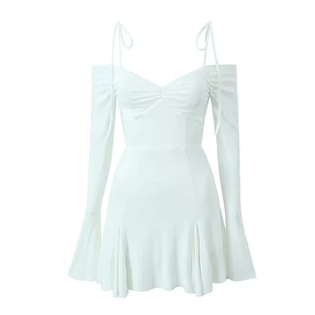 Женское сексуальное платье YENKYE 2023 с бантом, шнуровкой, открытыми плечами, расклешенный длинный рукав, неровный подол, женский Тонкий белый мини-халат